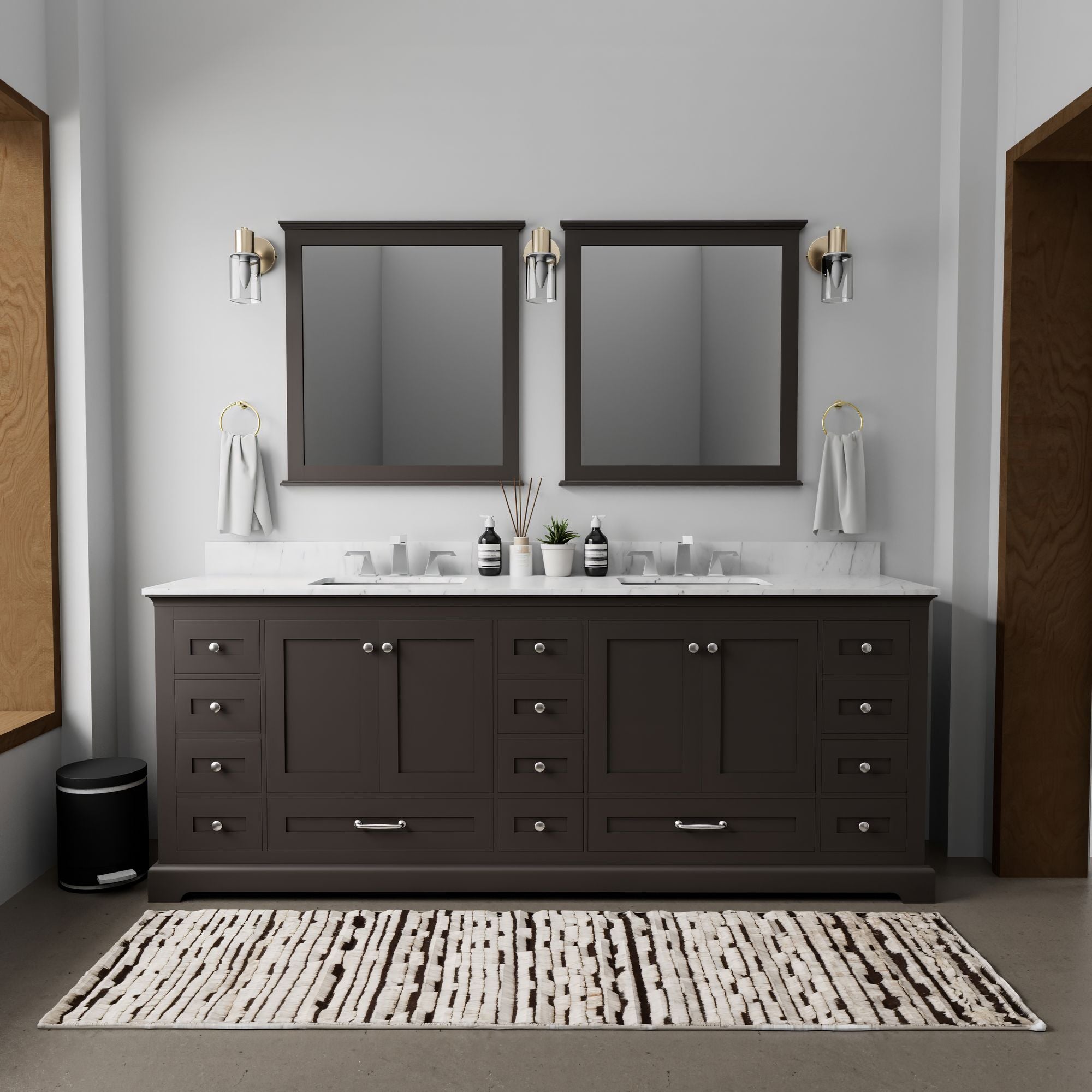 Espresso Double Bath Vanity with Carrara Marble Top and Mirrors