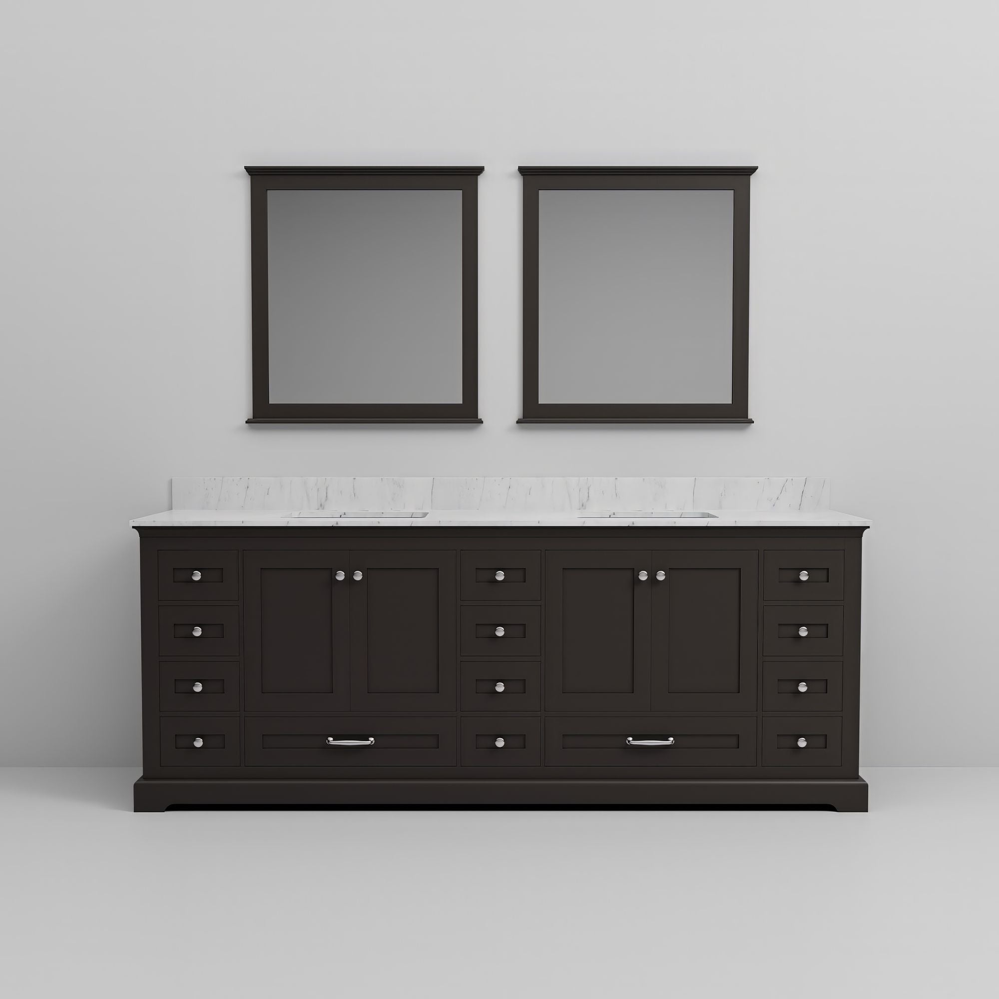 Espresso Double Bath Vanity with Carrara Marble Top and Mirrors
