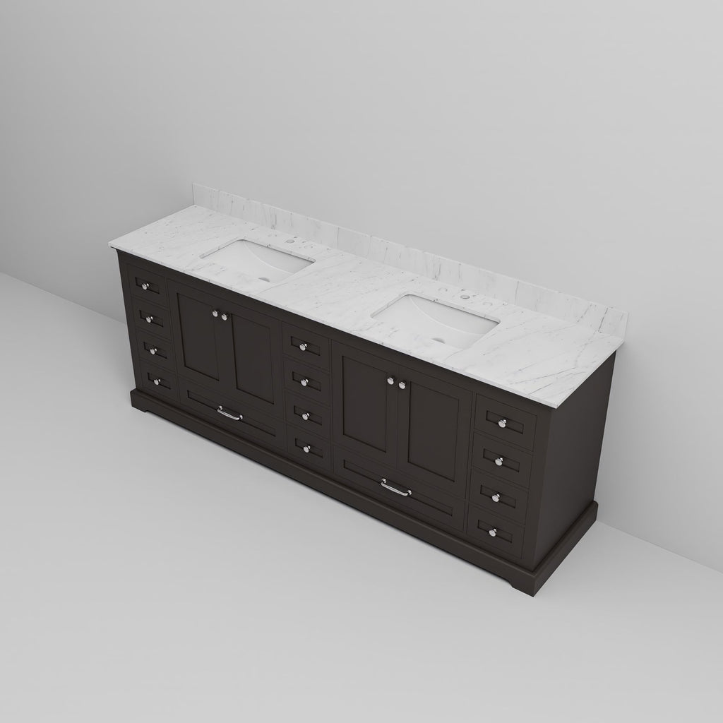 Espresso Double Bath Vanity with Carrara Marble Top,. Wide
