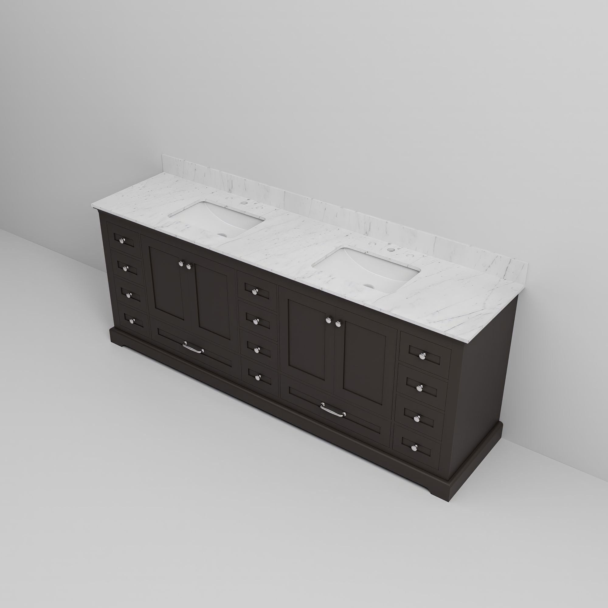 Espresso Double Bath Vanity with Carrara Marble Top,. Wide