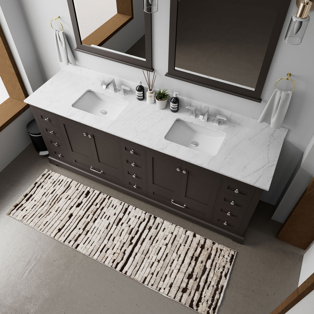 Espresso Double Bath Vanity with Carrara Marble Top,. Wide