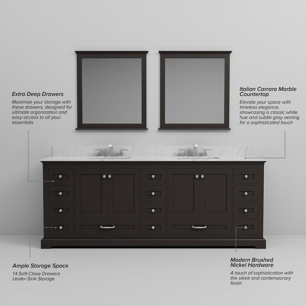 Espresso Double Bath Vanity with Carrara Marble Top,. Wide