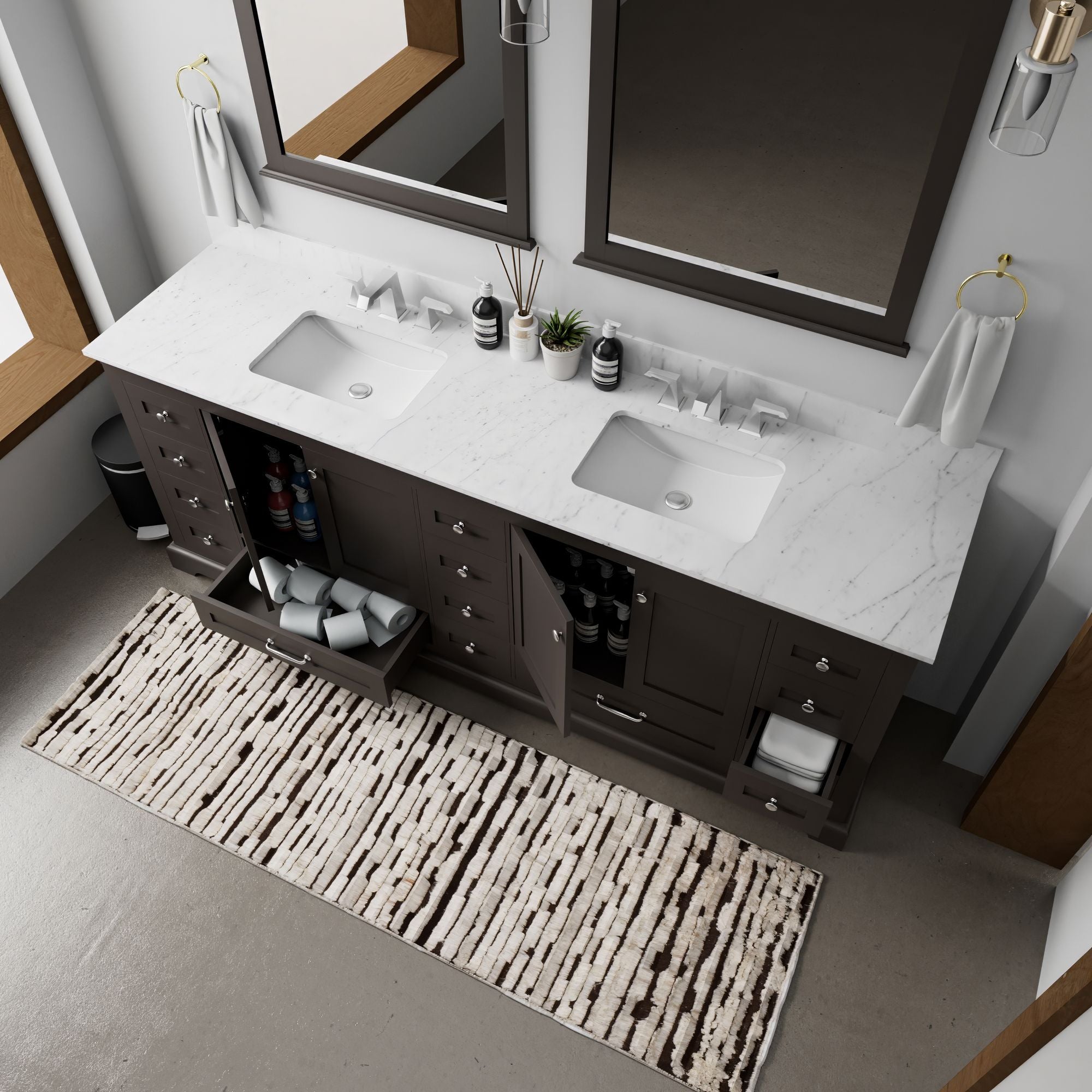 Espresso Double Bath Vanity with Carrara Marble Top,. Wide