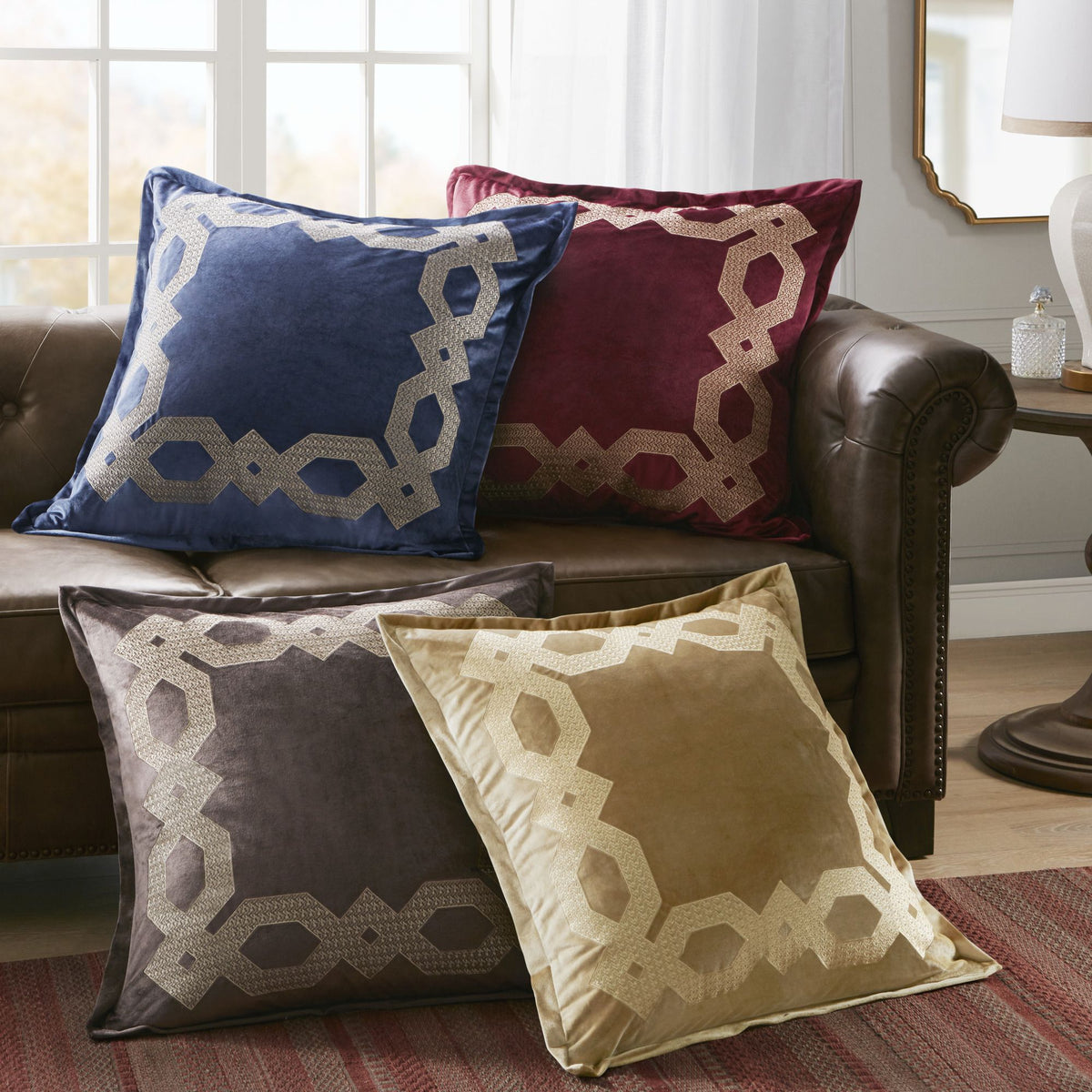 Gold European Pillow Sham with Geometric Embroidery