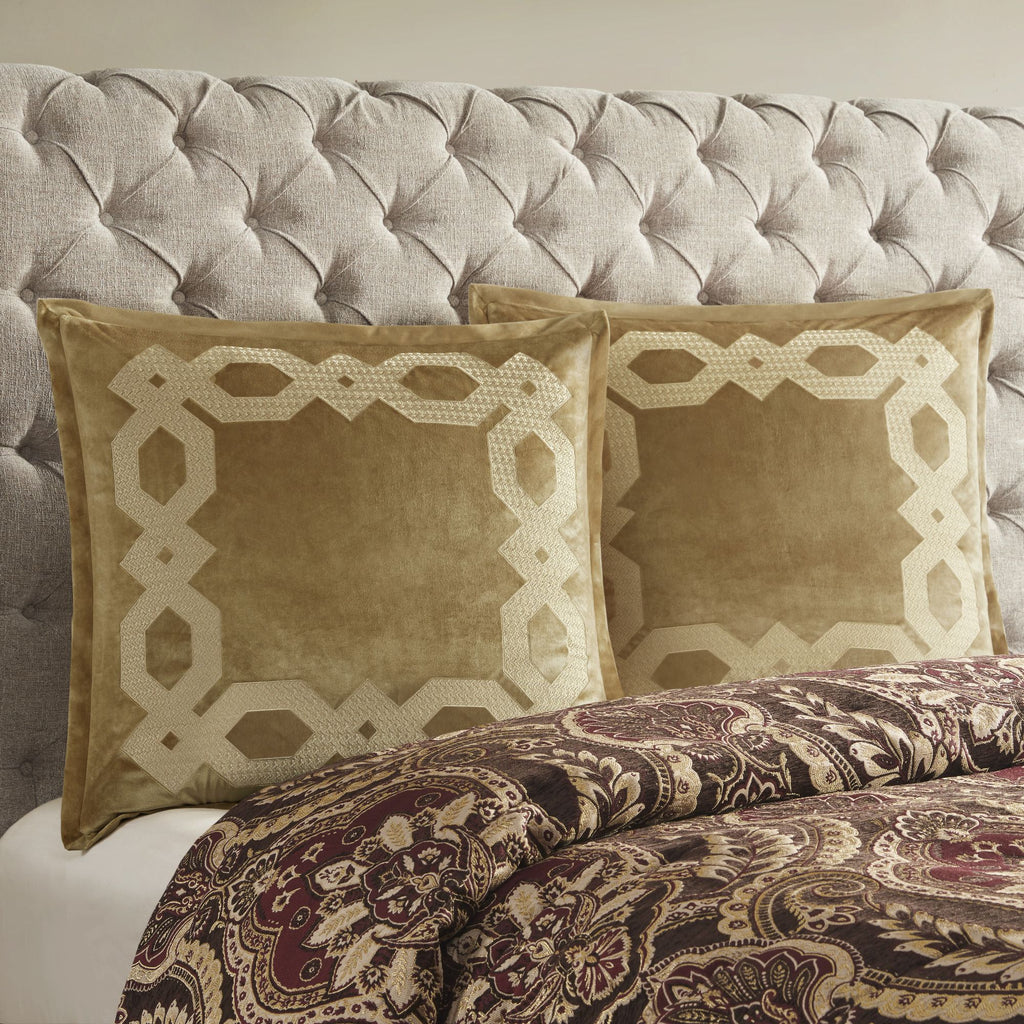 Gold European Pillow Sham with Geometric Embroidery