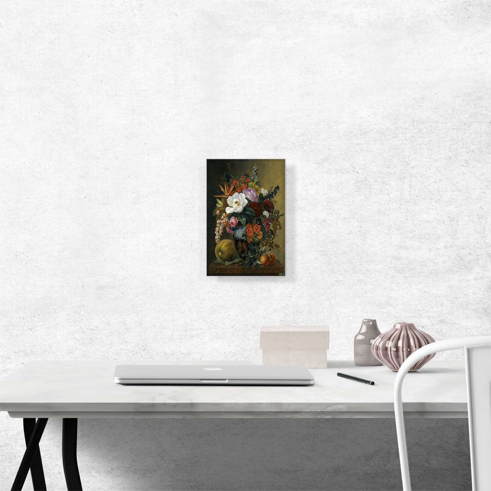 Exotic Blooms In Grecian Krater Fruit On a Marble Ledge 1838