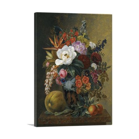Exotic Blooms In Grecian Krater Fruit On a Marble Ledge 1838