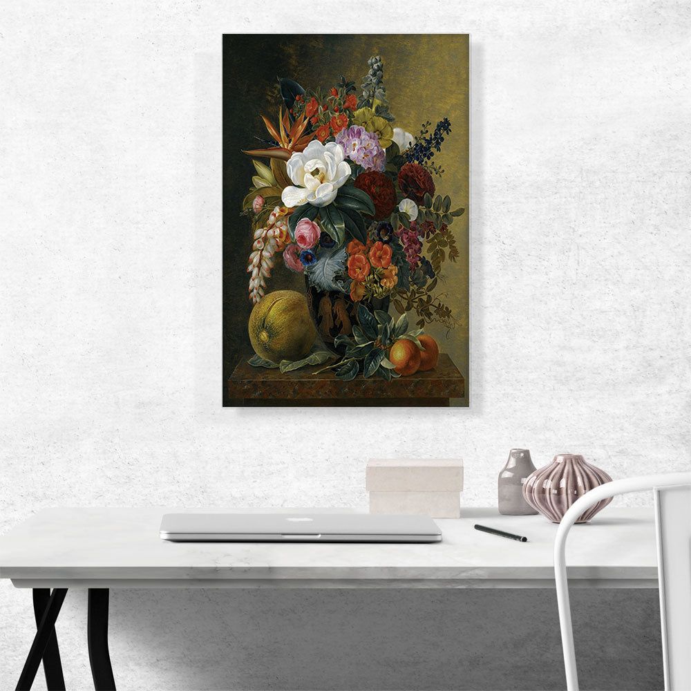 Exotic Blooms In Grecian Krater Fruit On a Marble Ledge 1838