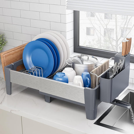 Expandable Dish Drying Rack for Kitchen Counter with Movable Utensil Holder