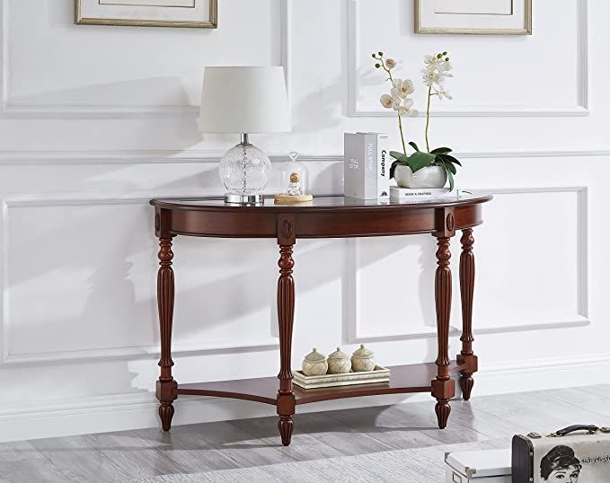 Cherry Red Oka Half-Moon Accent Table with Shelf