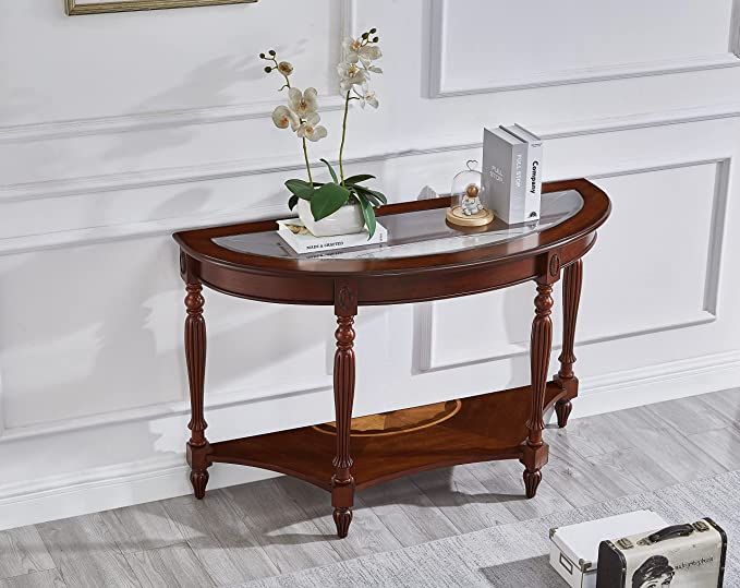 Cherry Red Oka Half-Moon Accent Table with Shelf