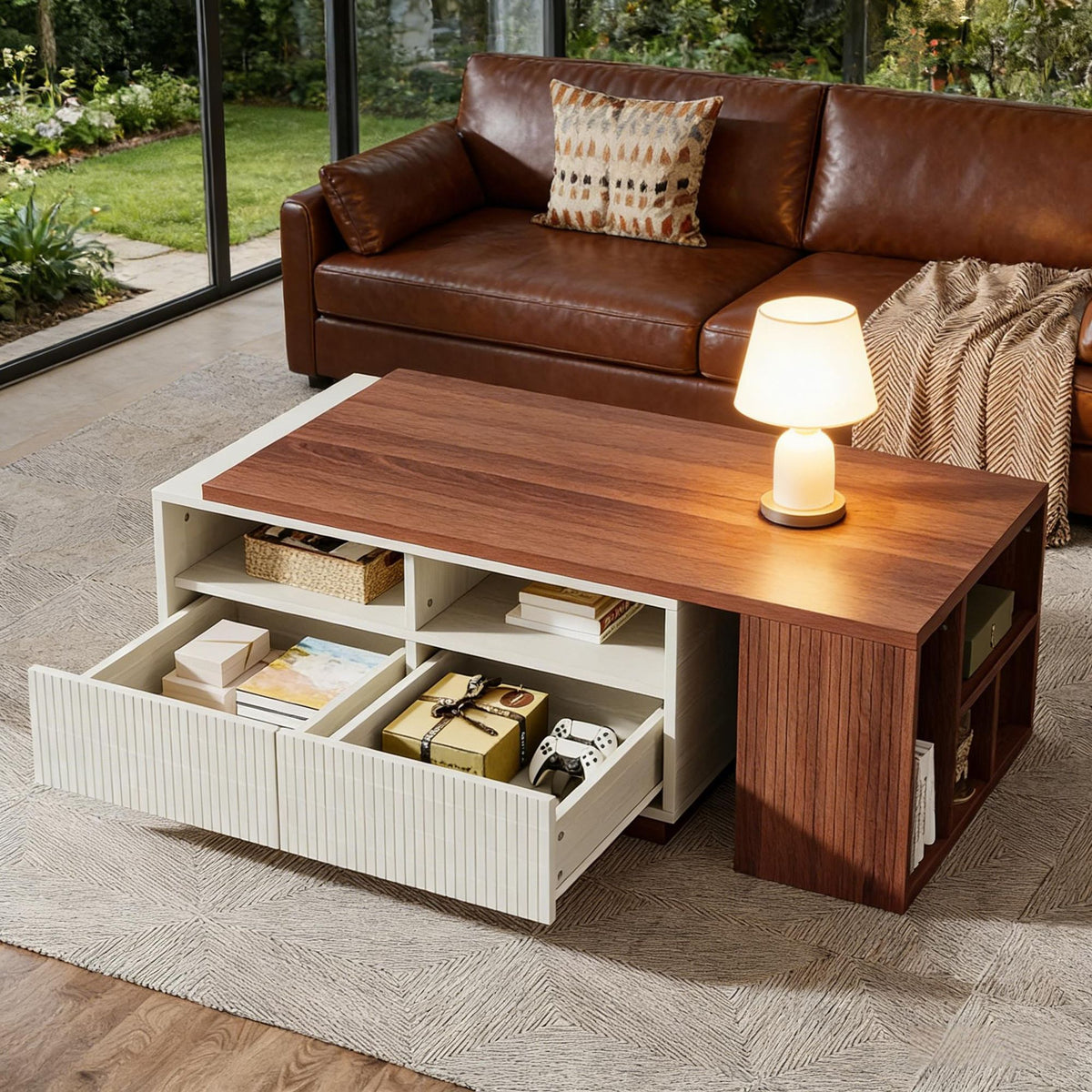 Extendable Coffee Table with Drawers and Reversible Tabletop