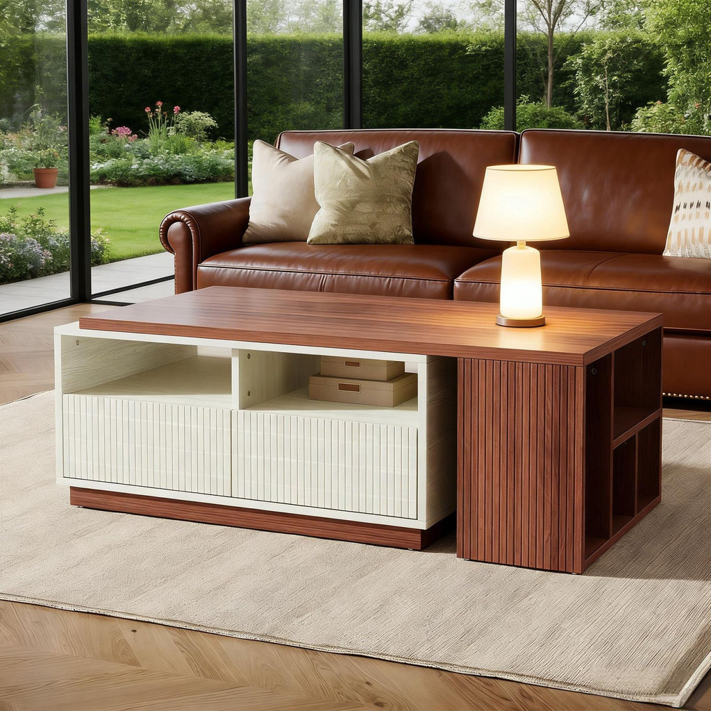 Extendable Coffee Table with Drawers and Reversible Tabletop