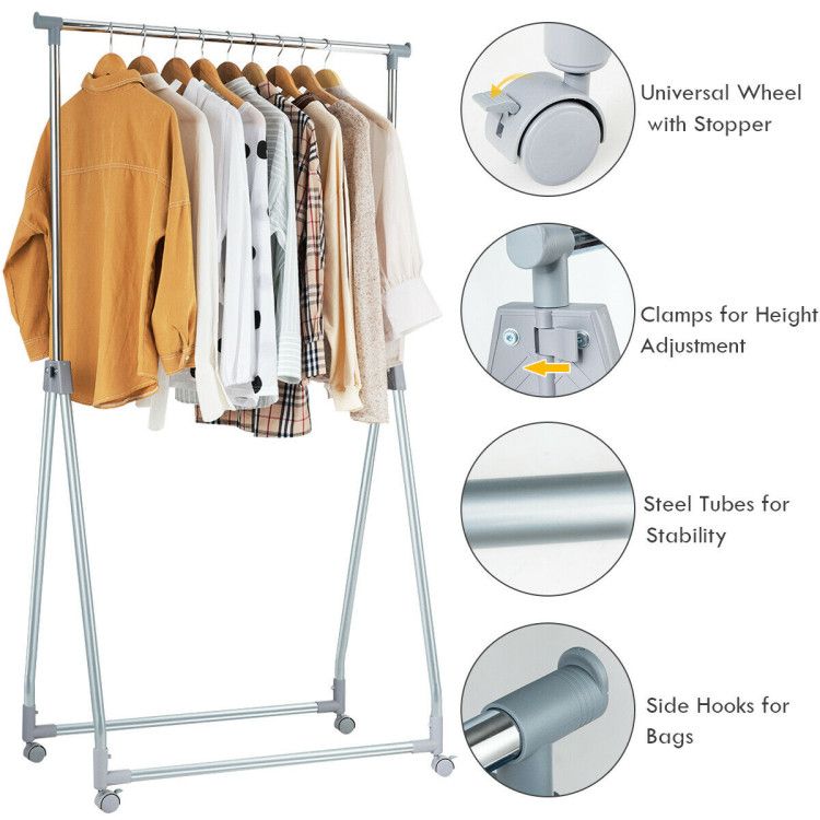 Extendable Foldable Clothing Rack with Rolling Wheels and Brakes
