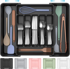 Expandable Black Silverware Organizer for a Tidier Utensil Drawer