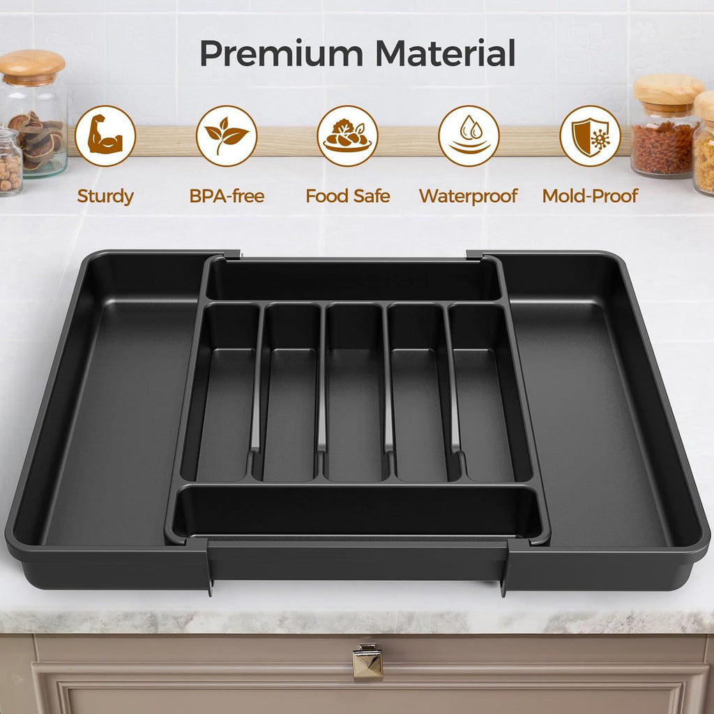 Expandable Black Silverware Organizer for a Tidier Utensil Drawer