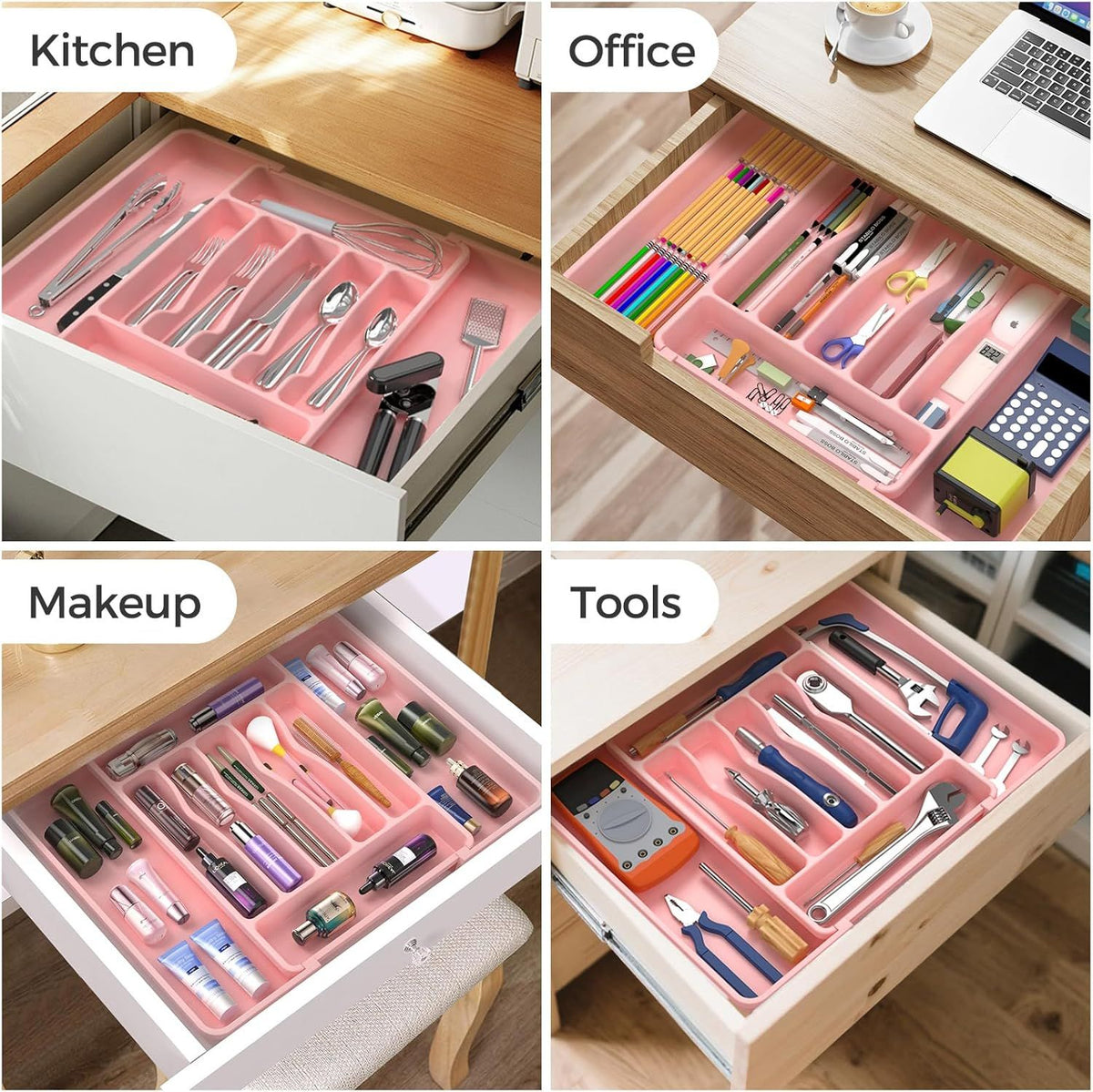 Expandable Pink Silverware Organizer for Kitchen Drawers