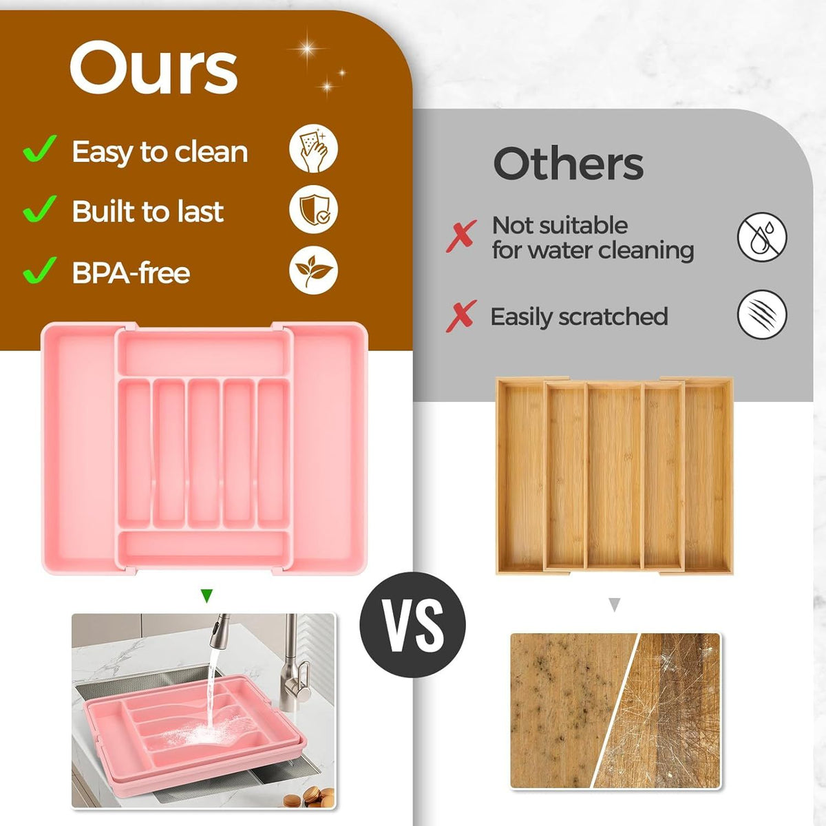 Expandable Pink Silverware Organizer for Kitchen Drawers