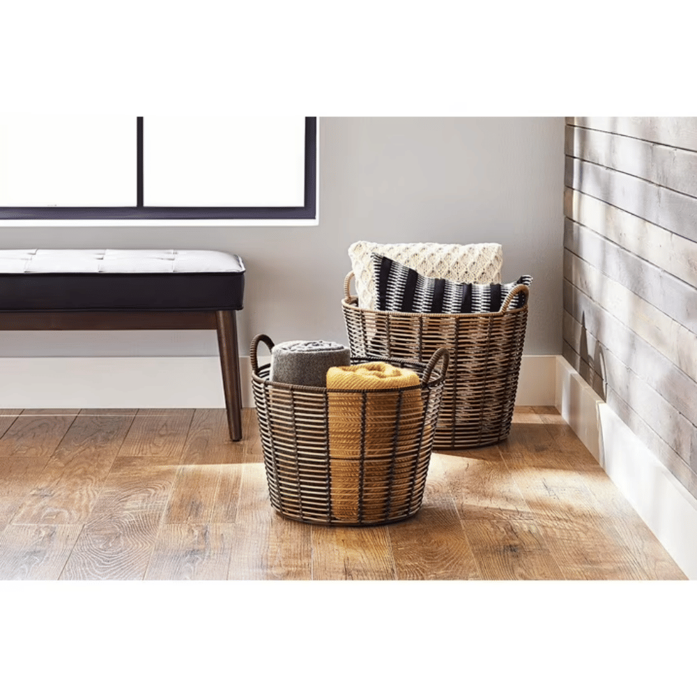 Round Decorative Basket for Throw Blankets and Pillows