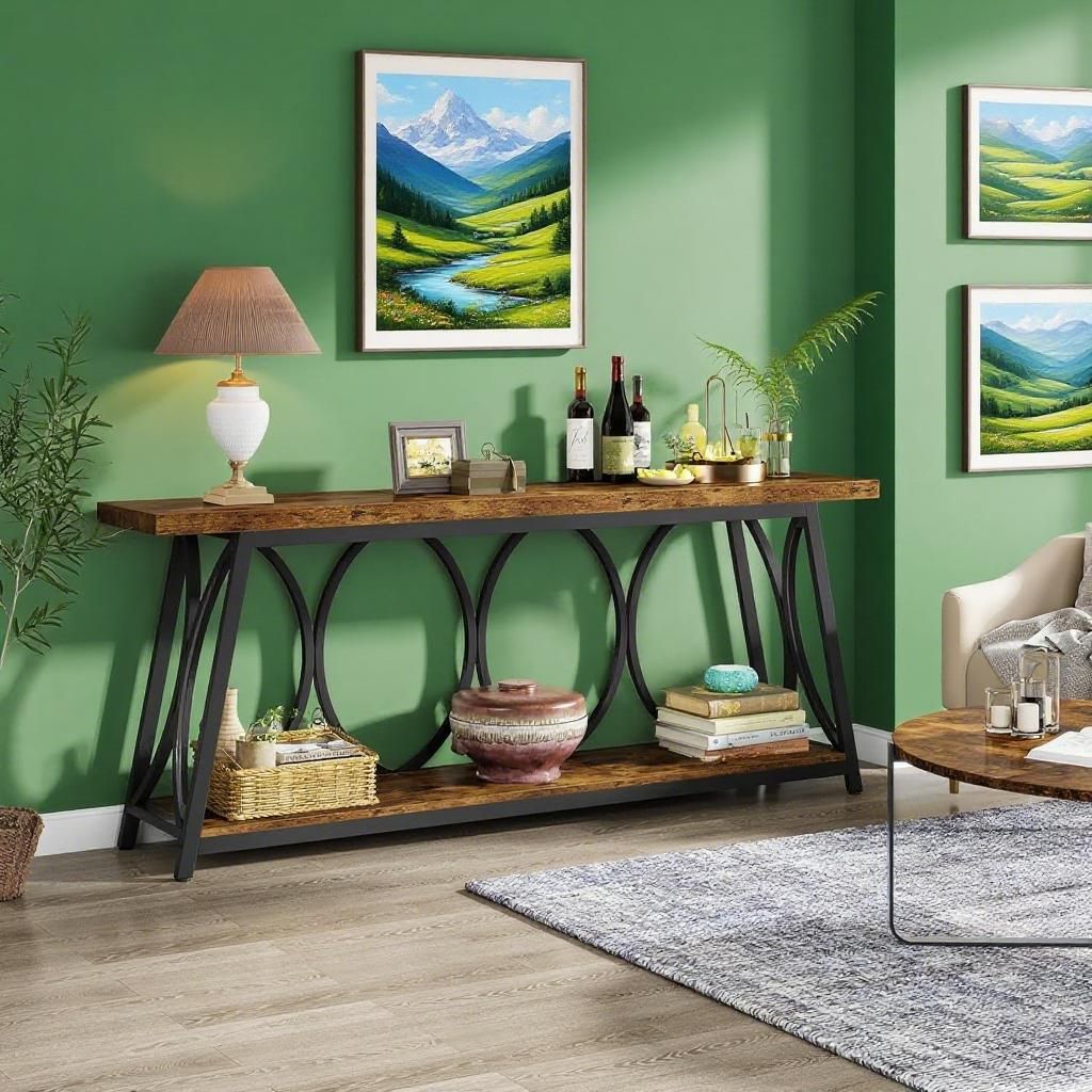 Industrial Console Table with Two-Tier Storage – Vintage Rustic Style