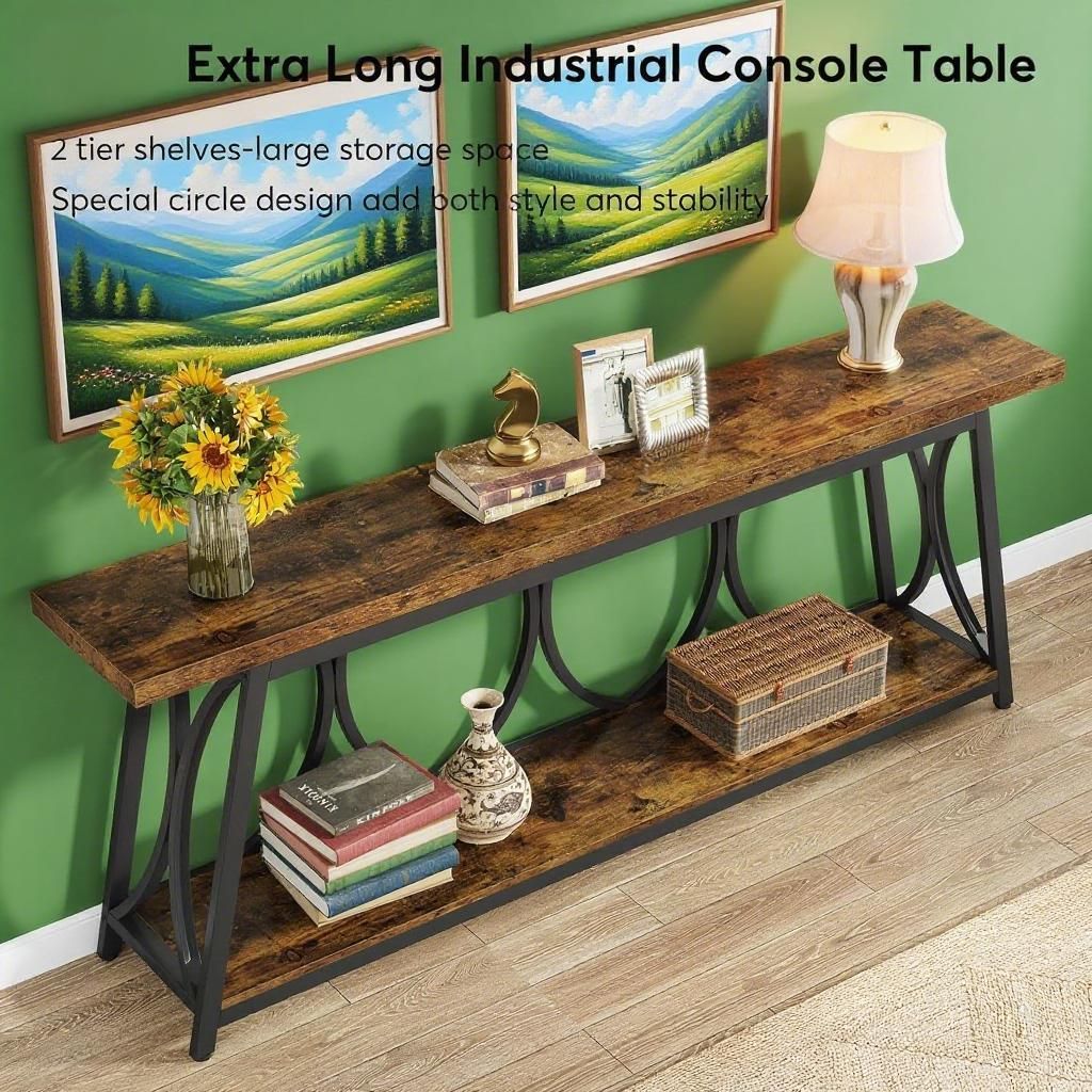 Industrial Console Table with Two-Tier Storage – Vintage Rustic Style
