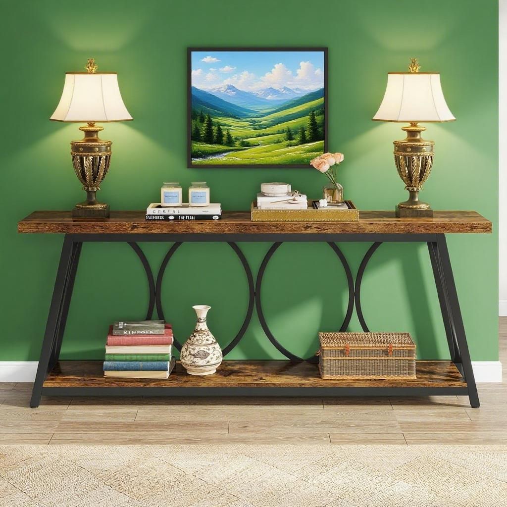 Industrial Console Table with Two-Tier Storage – Vintage Rustic Style