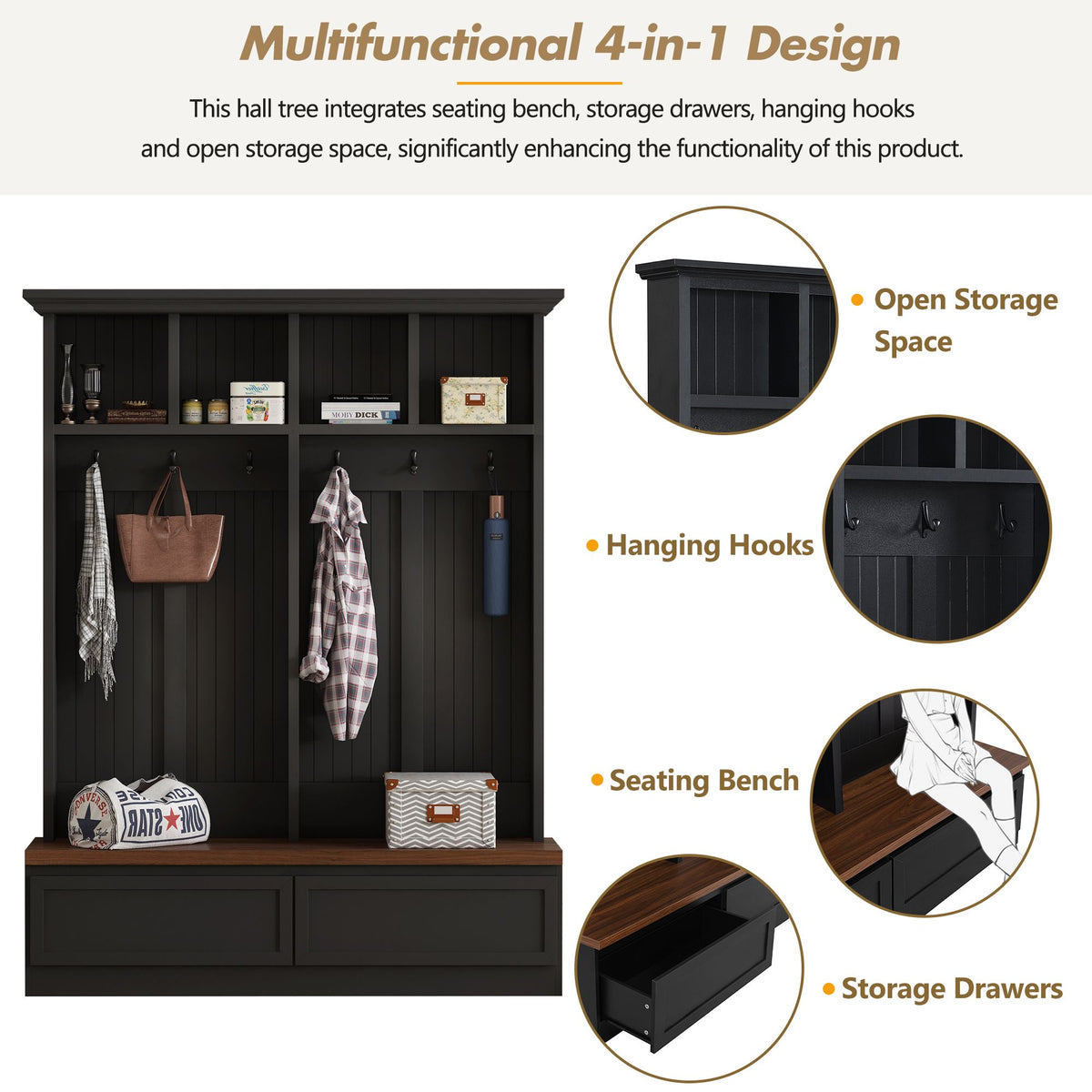 Farmhouse Hall Tree with Bench, Drawers, and Hooks