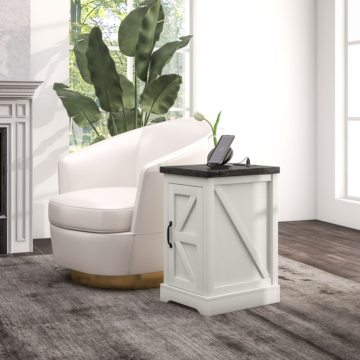 Farmhouse End Table with Storage, Side Table with Charging Station and USB Ports for