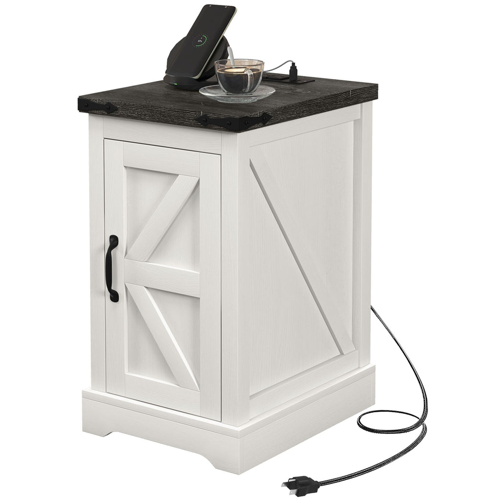 Farmhouse End Table with Storage, Side Table with Charging Station and USB Ports for