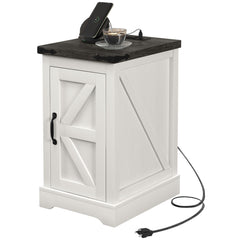 Farmhouse End Table with Storage, Side Table with Charging Station and USB Ports for