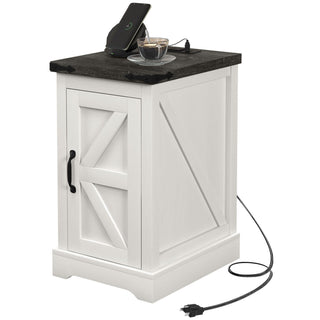 Farmhouse End Table with Storage, Side Table with Charging Station and USB Ports for