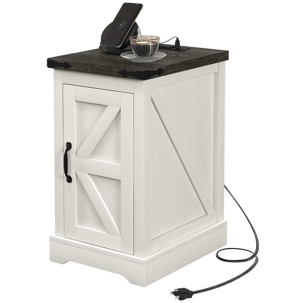 Farmhouse End Table with Storage, Side Table with Charging Station and USB Ports for