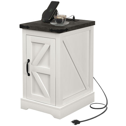 Farmhouse End Table with Storage, Side Table with Charging Station and USB Ports for