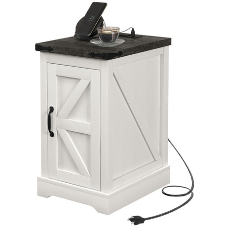 Farmhouse End Table with Storage, Side Table with Charging Station and USB Ports for