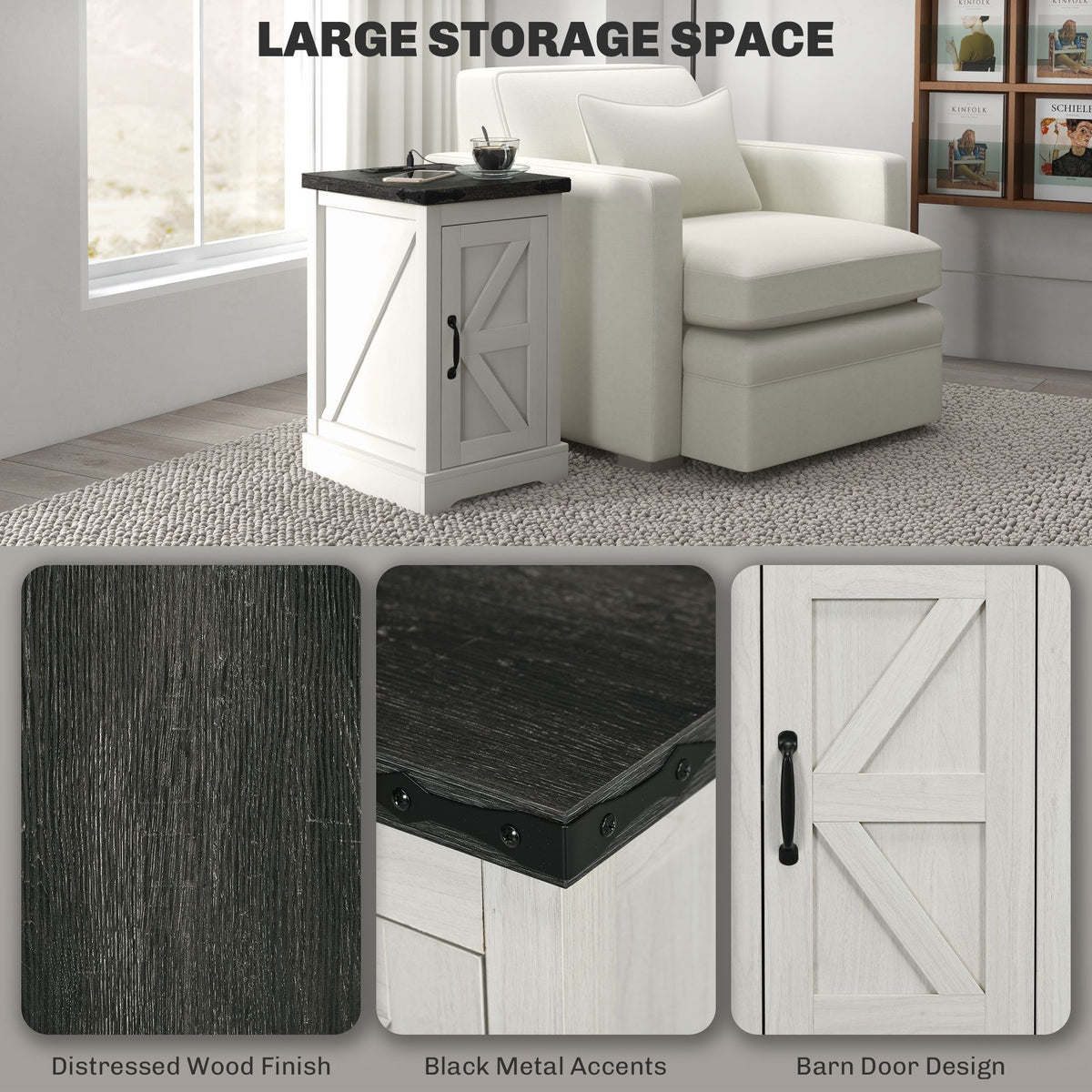 Farmhouse End Table with Storage, Side Table with Charging Station and USB Ports for