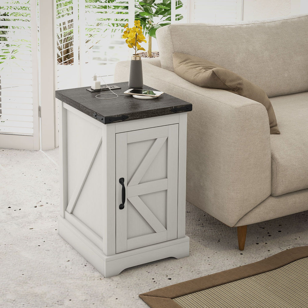 Farmhouse End Table with Storage, Side Table with Charging Station and USB Ports for