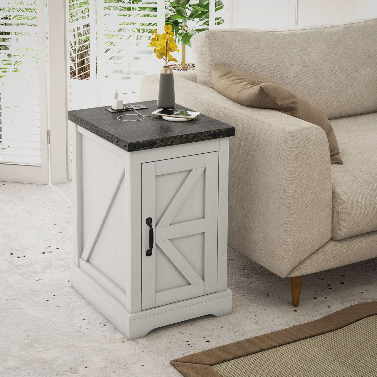 Farmhouse End Table with Storage, Side Table with Charging Station and USB Ports for