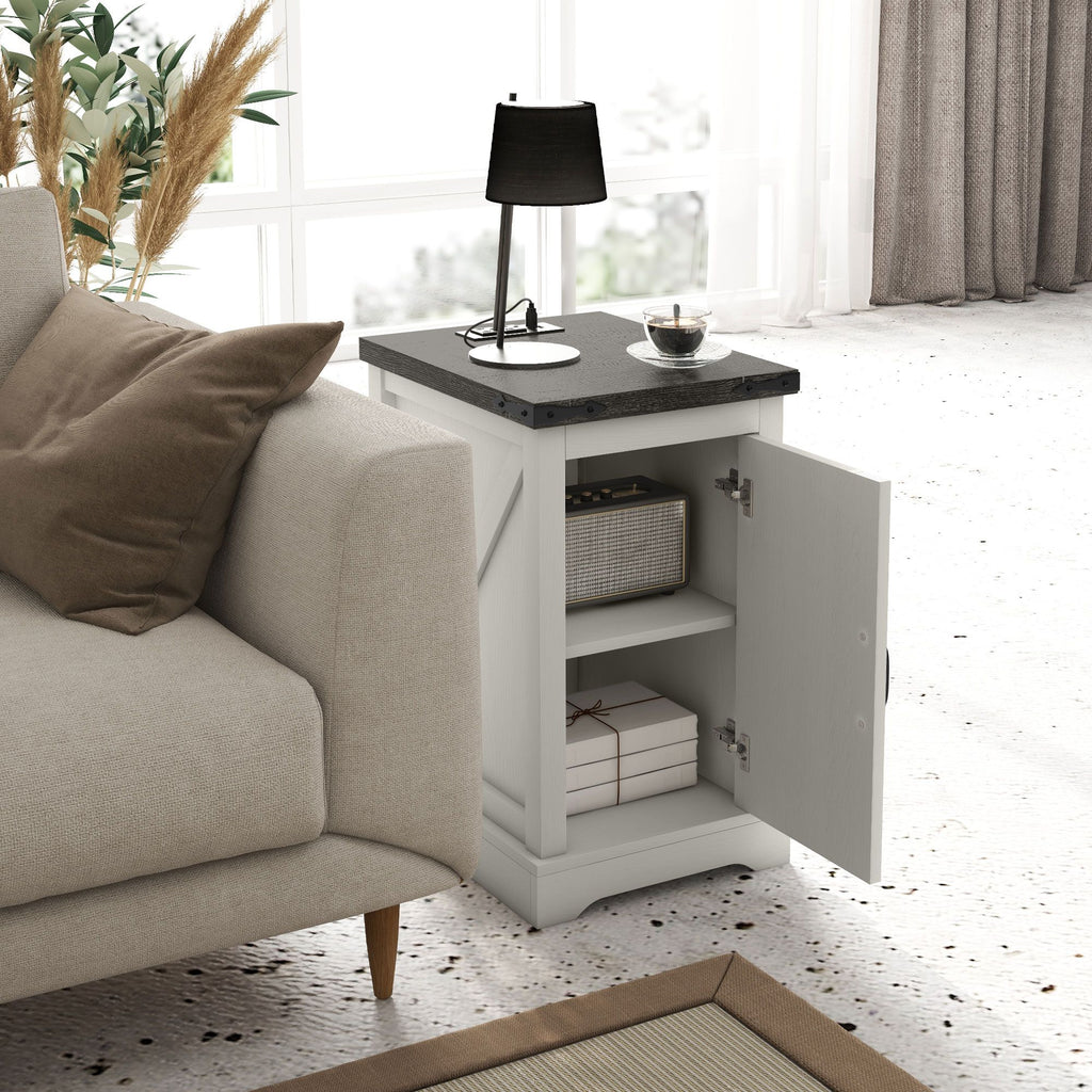 Farmhouse End Table with Storage, Side Table with Charging Station and USB Ports for