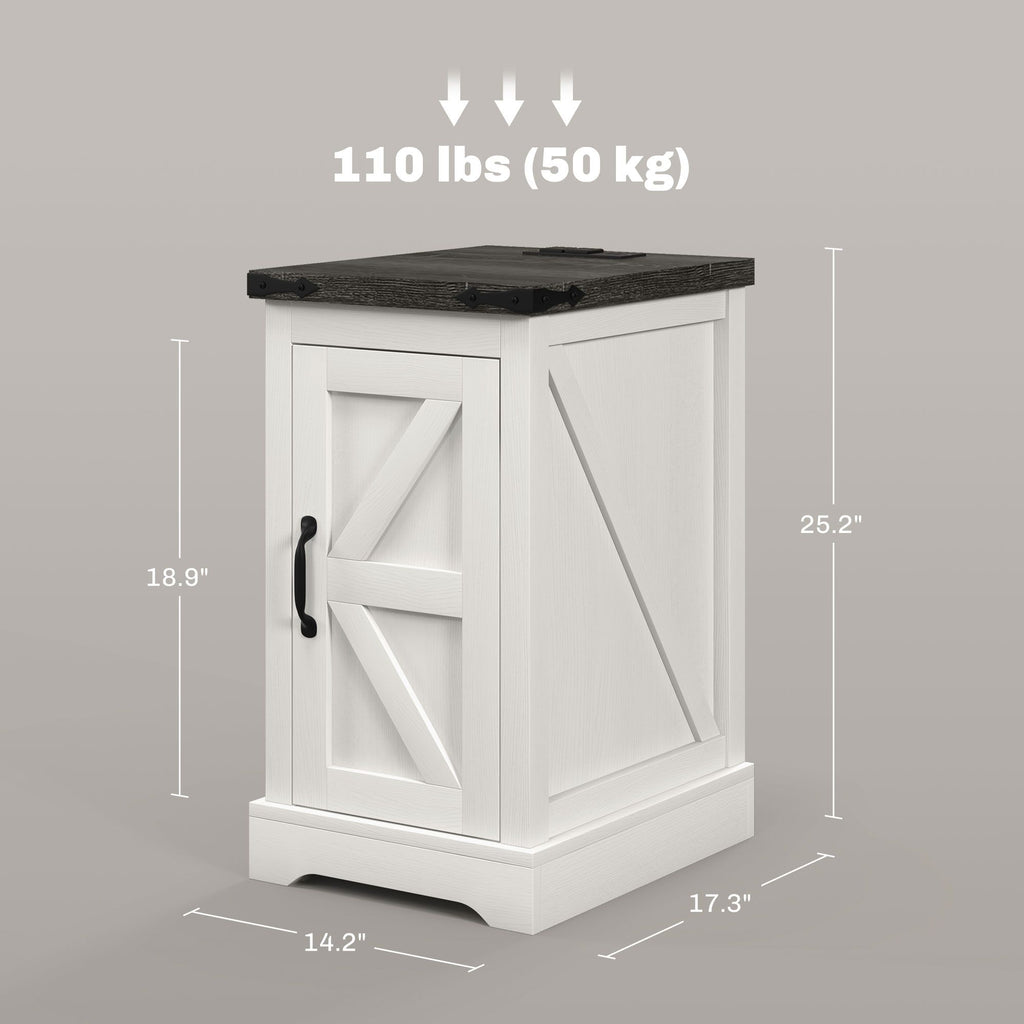 Farmhouse End Table with Storage, Side Table with Charging Station and USB Ports for