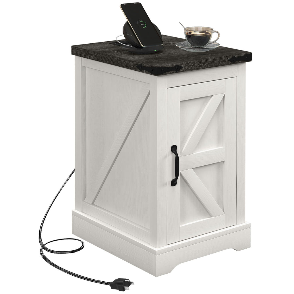 Farmhouse End Table with Storage, Side Table with Charging Station and USB Ports for