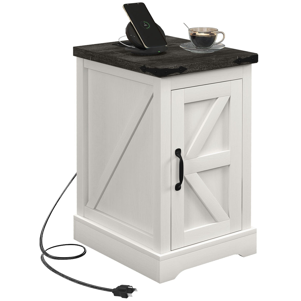 Farmhouse End Table with Storage, Side Table with Charging Station and USB Ports for