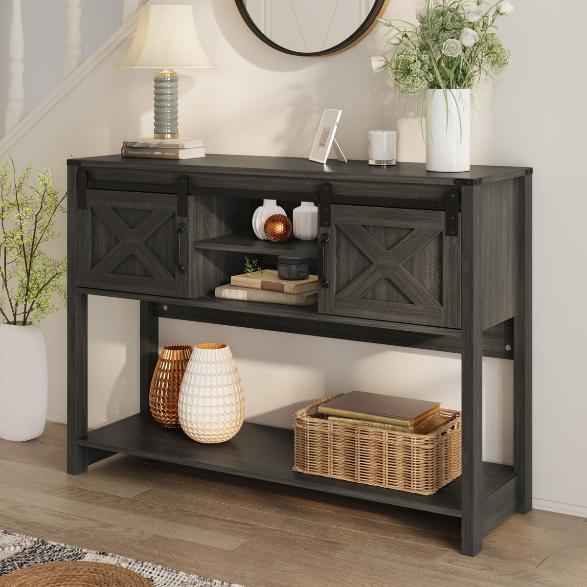 Farmhouse Console Table with Sliding Barn Doors