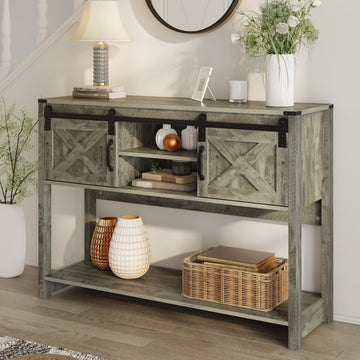 Farmhouse Entryway Table with Sliding Barn Door and Adjustable Shelf