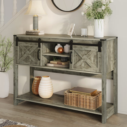 Farmhouse Entryway Table with Sliding Barn Door and Adjustable Shelf