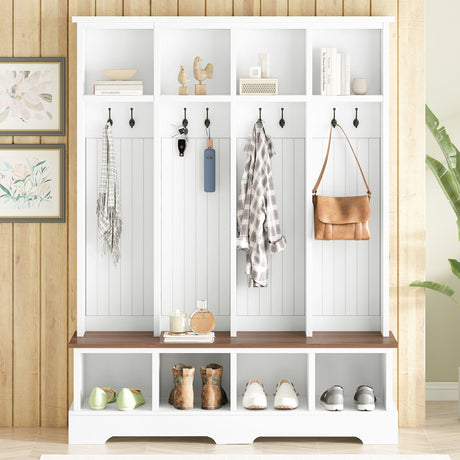 Farmhouse Hall Tree with 8 Hooks, Practical Entryway Bench with Open Compartments, 76.7"H