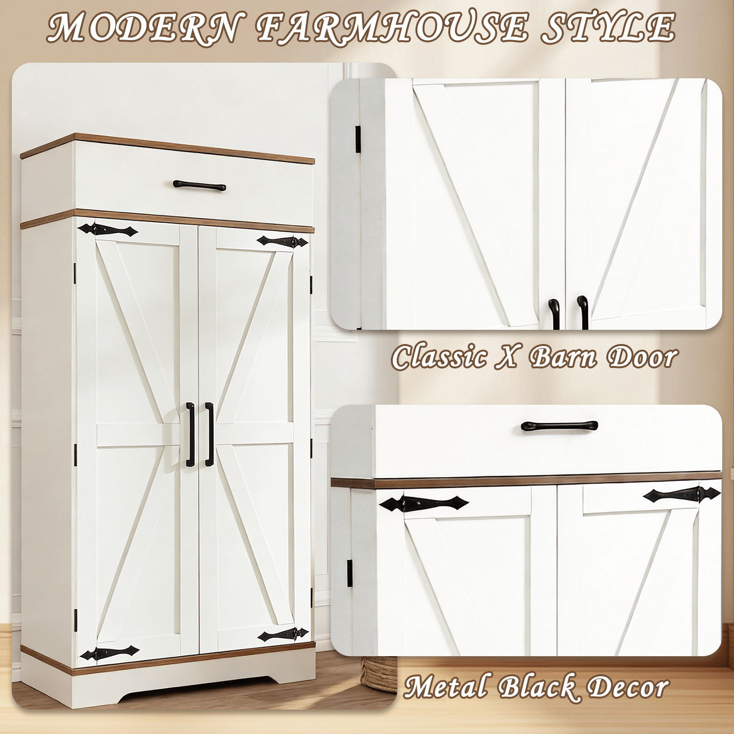 Farmhouse Pantry Cabinet with Adjustable Shelves and Barn Doors