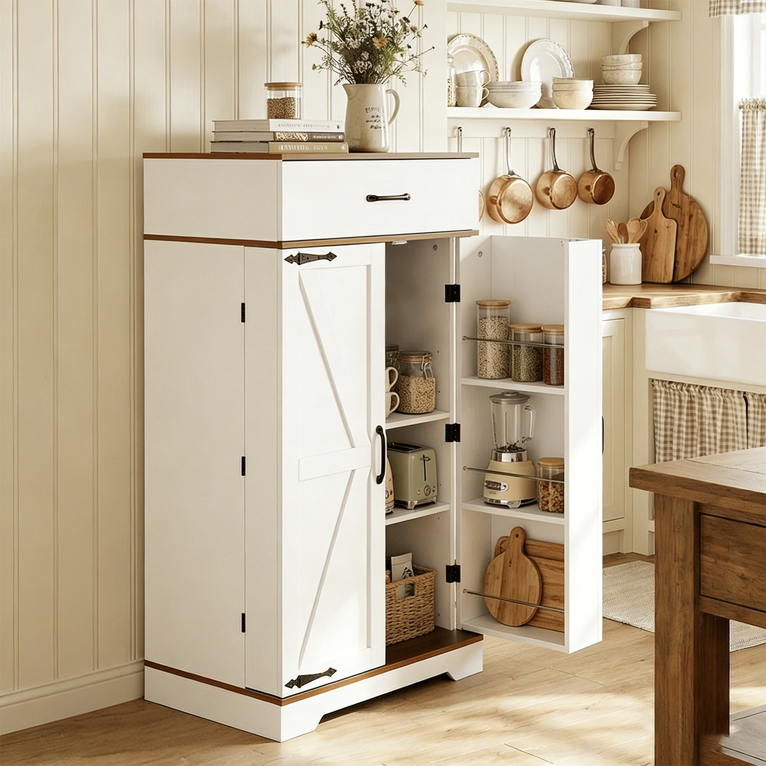 Farmhouse Pantry Cabinet with Adjustable Shelves and Barn Doors