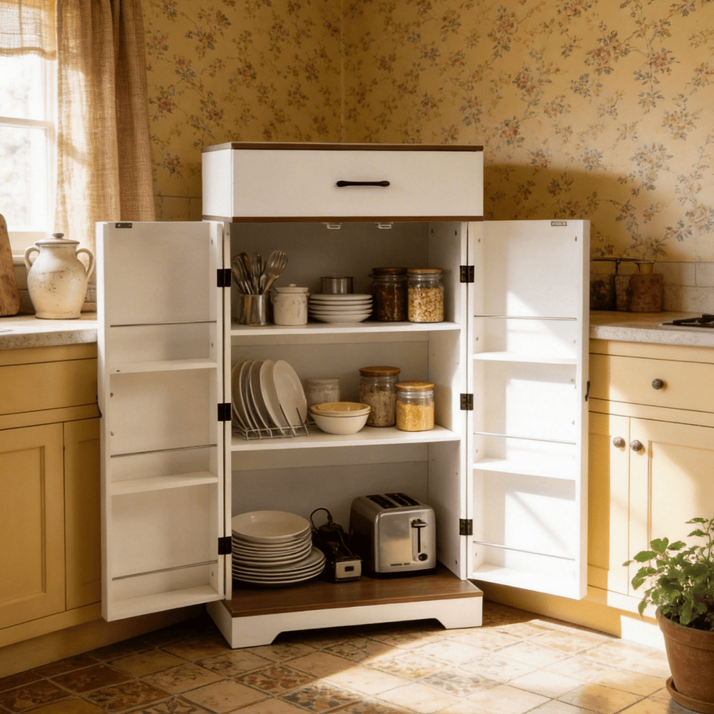 Farmhouse Pantry Cabinet with Adjustable Shelves and Barn Doors