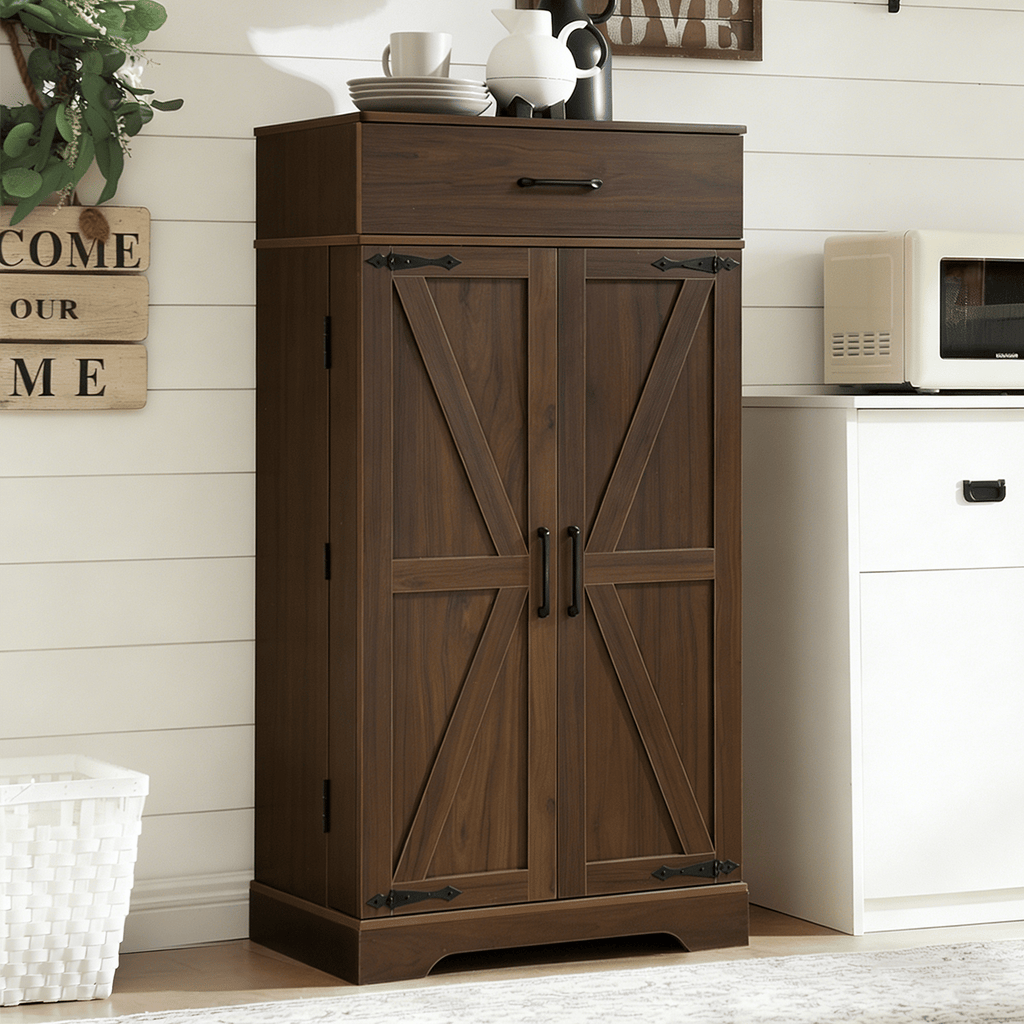 Farmhouse Pantry Cabinet with Adjustable Shelves and Barn Doors