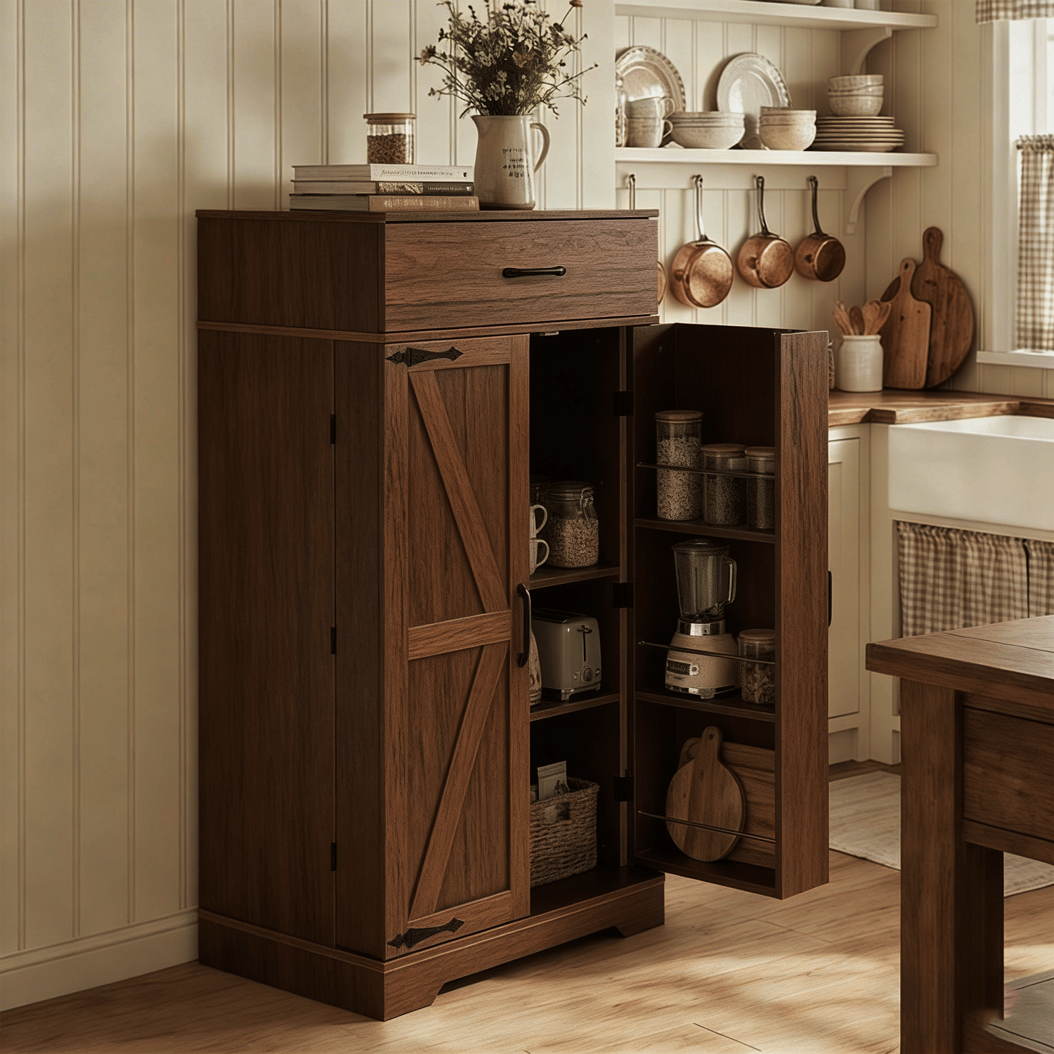 Farmhouse Pantry Cabinet with Adjustable Shelves and Barn Doors - brown